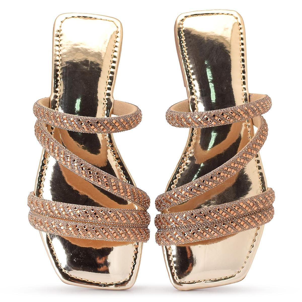 Rasteira Tiras de Strass Dourado